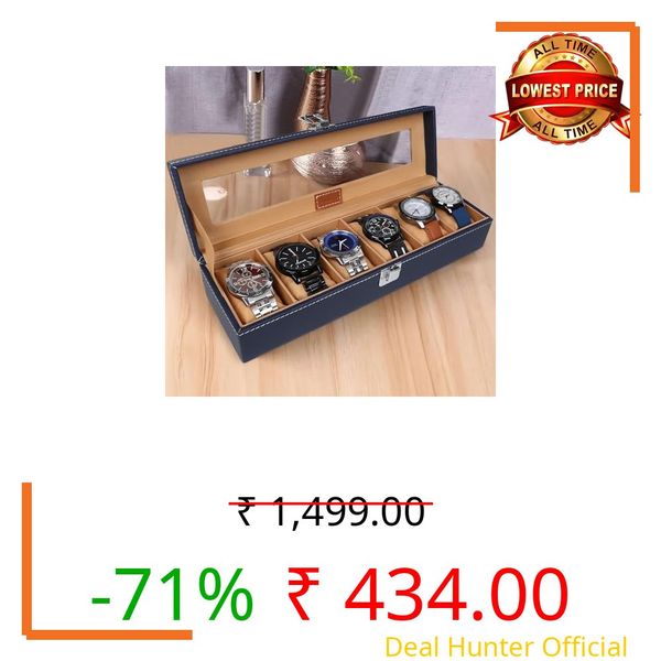 LEDO Watch Box Organizer Case with 6 Slots, Transparent Display, PU Leather Exterior, Blue & Cream Velvet Interior, Metal Clasp Lock, Rectangular Storage Case for Men