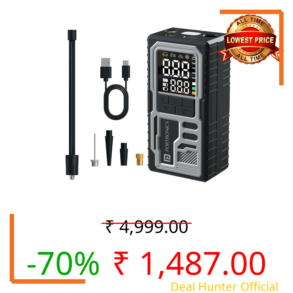 Portronics Vayu 10 Type-C Rechargeable Tyre Inflator, 2 x2000 mAh Batteries, Digital Display, 150 PSI, Preset Modes, Flashlight with SOS, Pressure Detection, for Cars, Bikes, Bicycles & Sport Balls