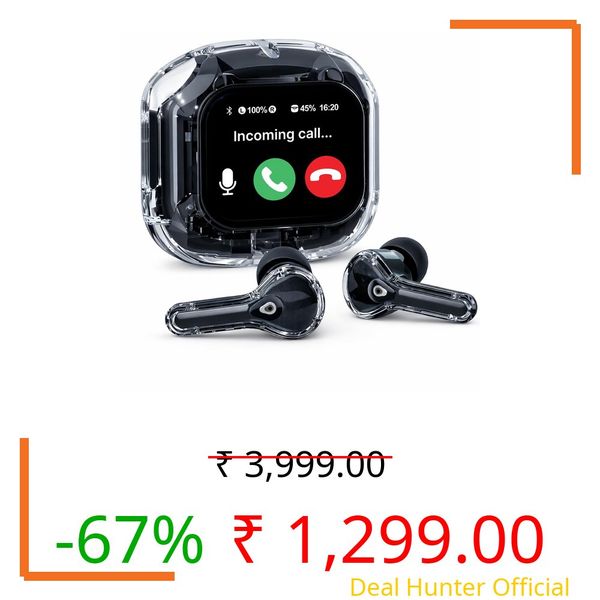 pTron Bassbuds NX TWS Ear Buds w/Smart Touch Display, 55hrs Playtime, Dual Mics, TruTalk AI-ENC Calls, BTv6.0, Touch Controls, Voice Assistant, Type C Charging, IPX5 Water Resistant (Pearl Black)