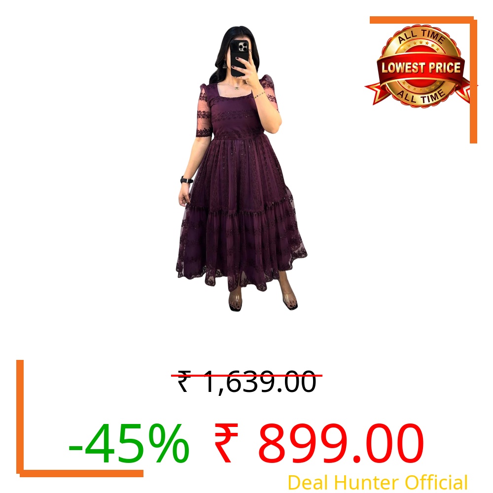 NISFAS Womens Heavy Net Embroidered Midi Dress - Flower Embroidery Sequence Work Frock - Square Neck & Short Sleeves - Flared Dress with Heavy Crepe Lining -Soft & Comfortable Wear_Dark Purple-L