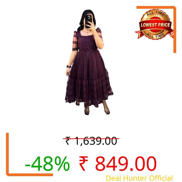 NISFAS Womens Heavy Net Embroidered Midi Dress - Flower Embroidery Sequence Work Frock - Square Neck & Short Sleeves - Flared Dress with Heavy Crepe Lining -Soft & Comfortable Wear_Dark Purple-L