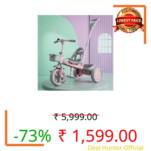 Kidsmate Junior Tricycle for Kids with Parental Control | Cycle for Kids 1-4 Years | Baby Cycle | Bicycle with Storage Basket, Cushion Seat and Seat Belt Carrying Capacity 30 Kgs (Pink-Grey)