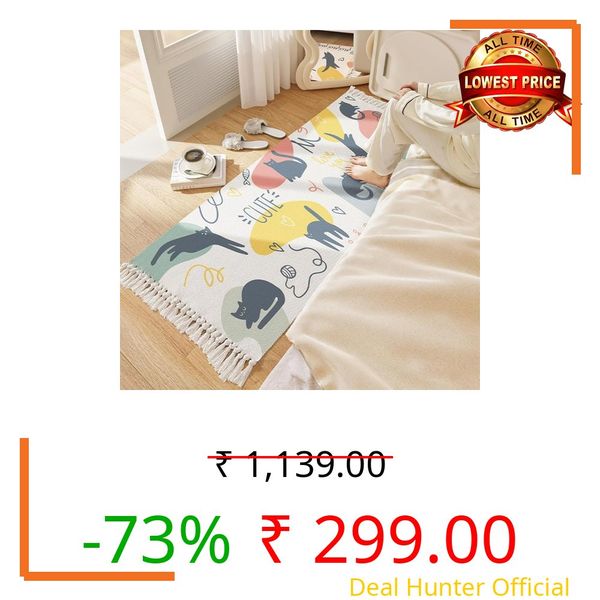GLOFY® Hand Woven 100% Natural Cotton Export Quality Printed Rug,Carpet, Bed Side Runner for Bedroom,Living Room, Size-2x5 feet or 60 cms x 152 cms (Cute Cat)