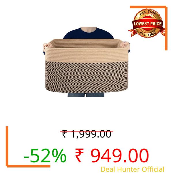 Nestigo Large Laundry Basket, Woven Cotton Rope Rectangular Storage Basket for Clothes, Toys & Blankets – Ideal for Bedroom & Living Room (Beige Multi, Large)