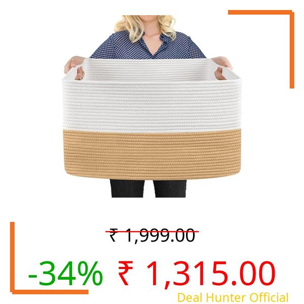 Nestigo Large Laundry Basket, Woven Cotton Rope Rectangular Storage Basket for Clothes, Toys & Blankets – Ideal for Bedroom & Living Room (White Beige, Large)