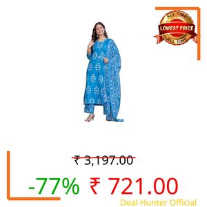 PARTHVI Women's Pure Cotton Printed Straight Kurta Set with Palazzo Pants & Dupatta- Ethnic Wear, Blue