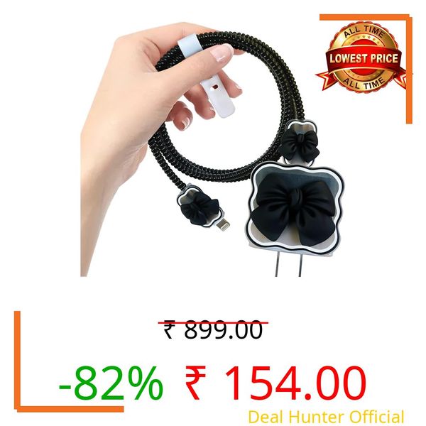 Charger Cable Protectors for iPhone Chargers 18W 20W Type C, 3D Cute Protective Case Cover Cartoon Style Fully Charger & Adaptor Protection Set-1 (Black Bow)