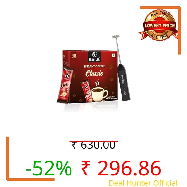 Bevzilla 48 Classic Coffee Sachet with Rechargeable Electric Frother Combo Pack | 3-Speed Setting with Type-C Fast Charging|r | Café Coffee Kit | Perfect for Espresso, Latte & Cappuccino | Enjoy Hot & Cold Brews