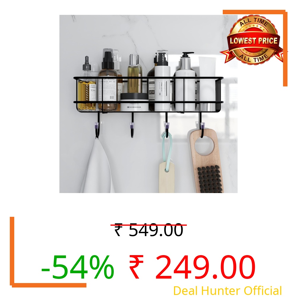 Trendy Home Self Adhesive Bathroom Organiser, Drill-Free Metal Wall Rack with 7-Layer Black Powder Coated Matte Finish, Magic Sticker Bathroom Storage Shelf with 4 Hooks, Rust-Proof Wall Organizer