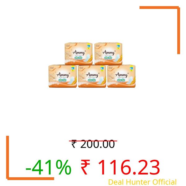 Ammy Super Absorbent Ultra Thin Sanitary Pads - 30 Pcs XL Size for Heavy Flow | Cottony Soft, Rash Free, Leak Lock with 7 Layer Protection & Advanced Gel Lock Feature | Pack of 5