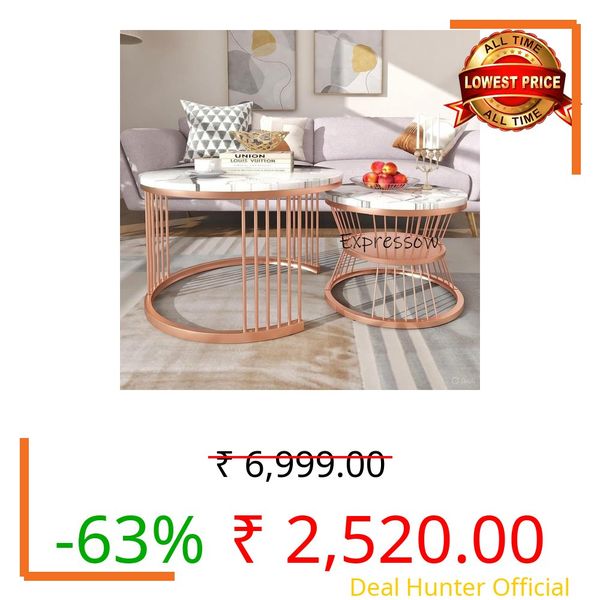 EXPRESSOW ENTERPRISES Modern Luxury Round Nesting Coffee Table Set, 2-Piece with Marble Finish Top, Metal Frame, 20 Inch, for Living Room and Office (Rosegold White)