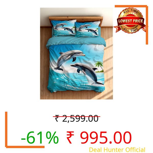 Loomweft 7D Digital Print King Size Bedsheet 108x108 | Glace Cotton | Soft Breathable | 2 Pillow Covers | Machine Washable | Dolphin