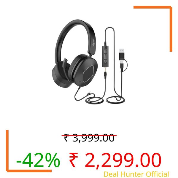 Dyazo Wired Headset with Microphone | Active & Environmental Noise Cancellation | 3-in-1 USB, Type-C & 3.5mm Connectivity | in-Line Controls | On-Ear Headphones for PC, Mobile Phone & Laptop (Black)