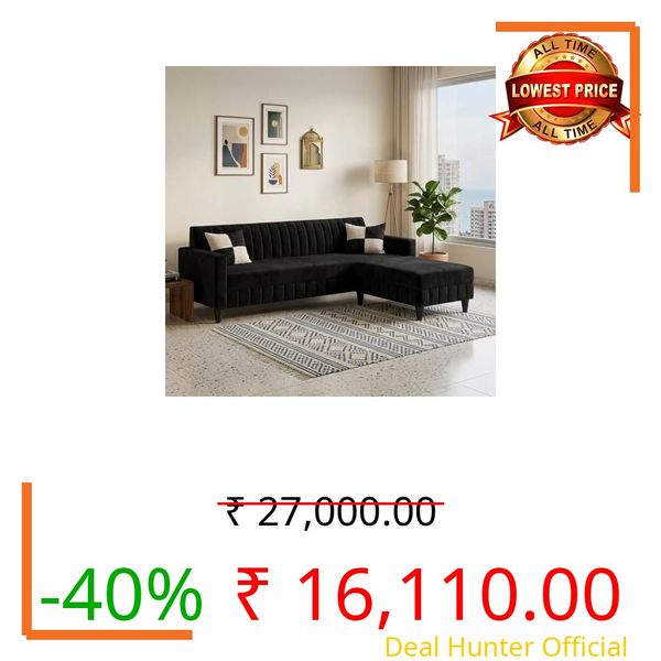 FURNY Gracina 5 Seater L Shape Sofa Set with Movable Ottoman | Flexible Left or Right Layout | Plush Velvet Fabric (Black) | Perfect for Living Room, Guest Room & Office