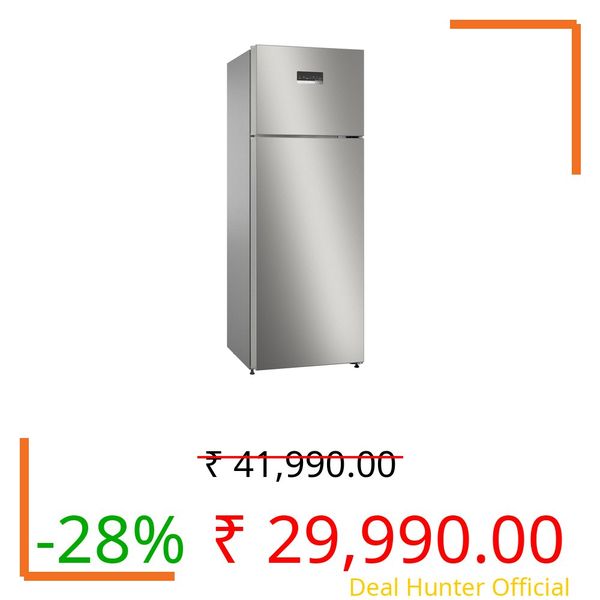 Bosch 269L 2 Star Inverter Frost free Double Door Refrigerator (CTN29S02NI, 18 Hours Cooling Retention, Digital Display, Super Freeze, 80min Convert, Fine Steel)