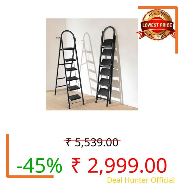 BUILDSKILL Black 6 Step Ladder for Home Use with Built-in Tool Tray | Heavy Duty D Shape Rods | 20 x 30 cm Large Step with Rubber Pad | Secure Lock | 150Kg Capacity Foldable Ladder - 5 Years Warranty