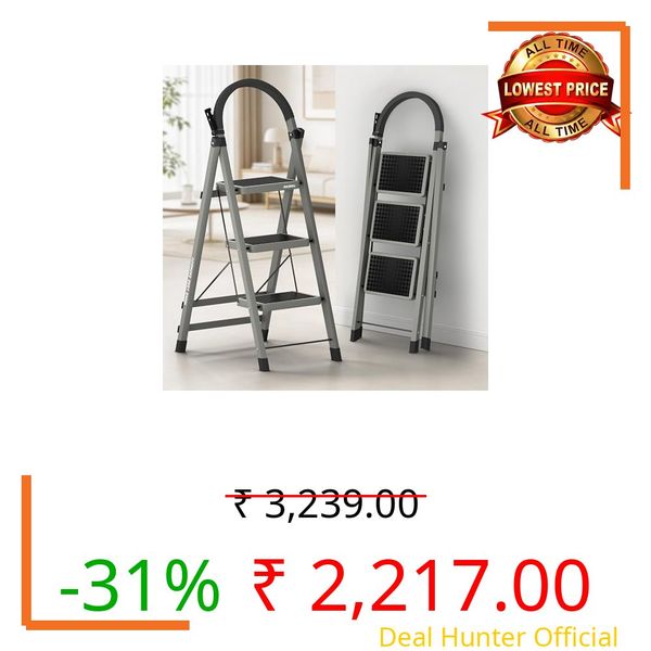 BUILDSKILL 3 Step Ladder for Home Use with Built-in Tool Tray | Heavy Duty D Shape Rods | 20 x 30 cm Large Platform | Wide Rubber Feet | Secure Lock | 150Kg Capacity Foldable Ladder - 5 Years Warranty