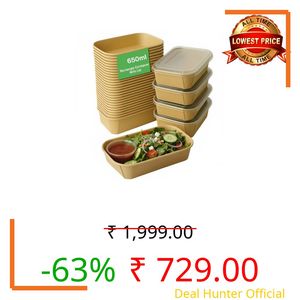 50 Pack 650 ml Paper Disposable Containers For Food with Lids | Rectangular Meal Prep Containers & Take Out Box | Leak-Proof Food Storage Containers, Food Packing Box For Kitchen (50, 650 ML)