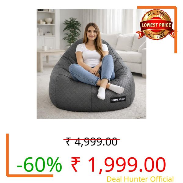 Homeaccex Quilted Velvet Bean Bag with Filled Beans 5XL Bean Bag Chair | Capacity Upto 140Kg Weight | Filled Bean Bag Sofa (Grey5XL)