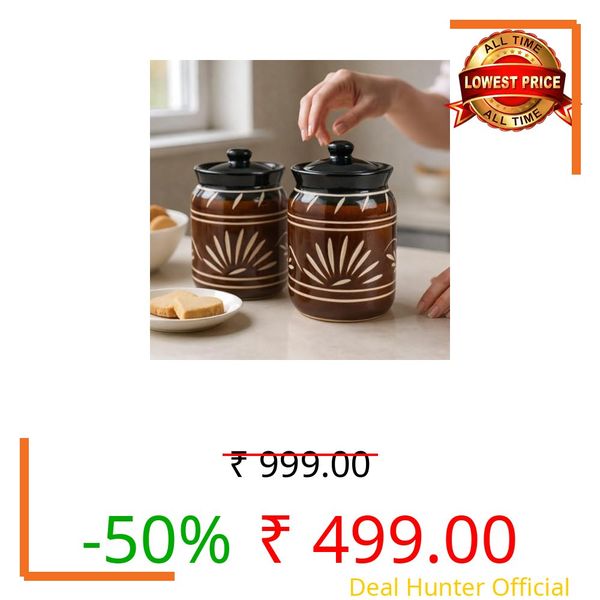 M’majolica Printed Ceramic Handglazed Pickle Jars Set of 2-1000 ML Each | 1 kg Achaar Martban Barni Jar with Lid | Ceramic Storage Jar Container Pickle/Achar, Chatney