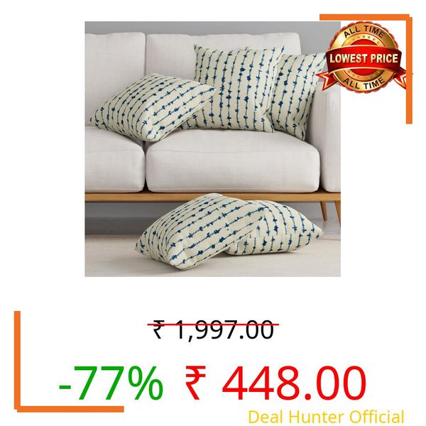 HUESLAND Premium Cotton Cushion Cover 16 x 16 inch Set of 5 | Decorative Throw Pillow Covers for Sofa, Living Room & Bedroom | Blue Vertical Stripes