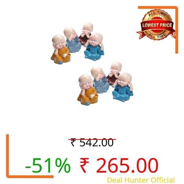 Oblivion Buddha Monk Figurine Set – Multicolour Resin Decorative Showpiece with Traditional Straw Hats for Unique Gift, Home Decor, Indoor/Outdoor Garden, Car Dashboard (Buddha Without Cap)