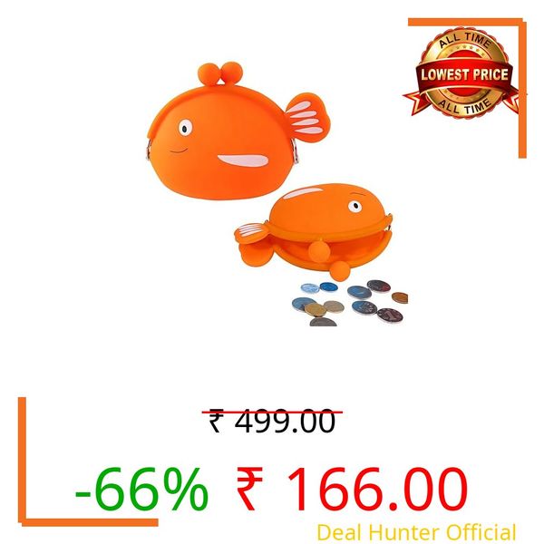 FunBlast Cute Fish Shape Silicone Coin Purse for Kids & Adults – Mini Pouch for Coins, Earphones, Keys & Small Essentials, Aesthetic Pouches for Girls & Women - 12 X 9.5 X 3 Cm (Orange)