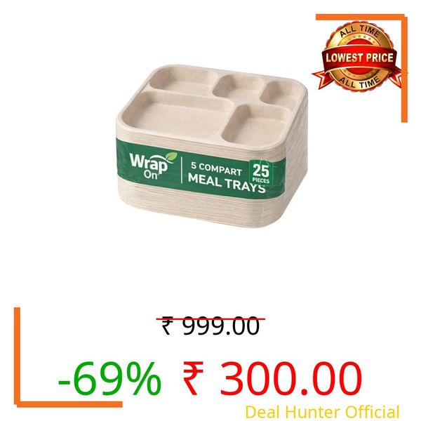 WRAP ON 5 Compartment Bagasse Meal Tray | Pack of 25 | Disposable Plates Big Size 12 inch | Eco-Friendly | Ideal for Cafeterias & Meal Services | use and Throw Disposal Plate