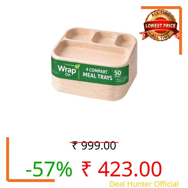 WRAP ON 4cp Disposable Plates 50 Pack Bagasse Meal Tray | Disposable Plates Big Size | Sturdy, Compostable & Heat-Safe | Eco-Friendly use and Throw Plates for Parties, Events & Buffets