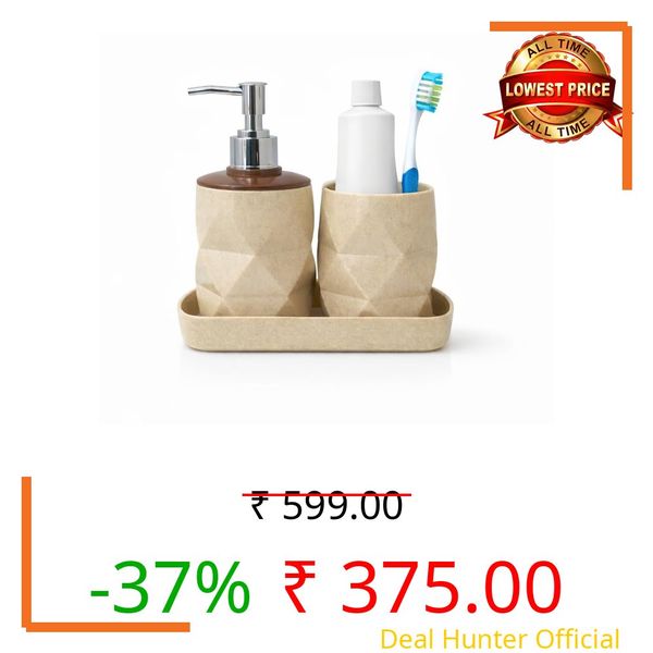 LAGET® Bathroom Accessories Set with Tray | Soap Dispenser Pump & Toothbrush Holder Combo | Modern Plastic Bathroom Set for Wash Basin, Sink & Countertop (Beige)