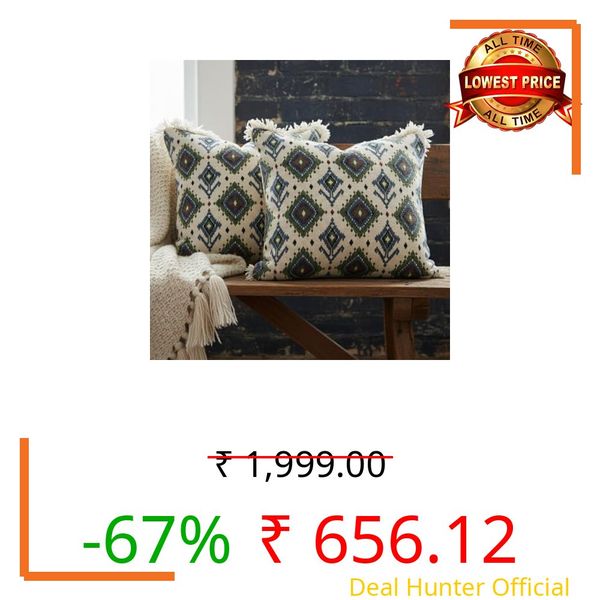 SOOT STUDIO Cotton Cushion Covers 16x16 Inch | Set of 2 | Handwoven Printed White Decorative Square Cushion Case with Fringe | Sofa, Living Room, Bedroom, Diwan Home Décor Throw Cushion Cover