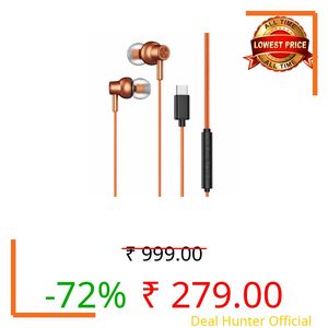 Kratos Tune V6 C Type Earphones Wired, Deep Bass Drivers Earphone, Inline Control Type c Headphones with Mic, Comfort Fit Type c Earphone with Volume Control,Metallic C pin Earphones (Orange)