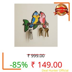 RADIQORE Wooden Cute Love Birds Key Holder for Wall Decor - 7 Hooks - Stylish Entryway Wall Hanger & Home Organizer - 7 x 6 Inches (red Blue)