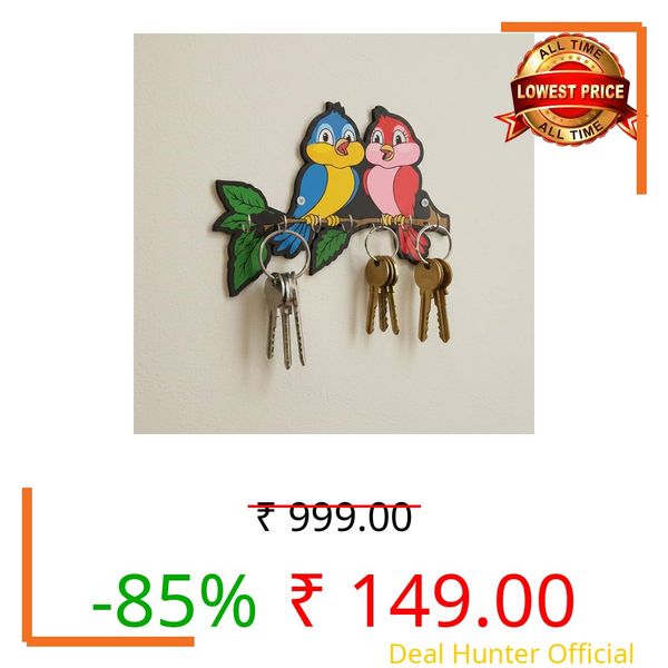 RADIQORE Wooden Cute Love Birds Key Holder for Wall Decor - 7 Hooks - Stylish Entryway Wall Hanger & Home Organizer - 7 x 6 Inches (red Blue)