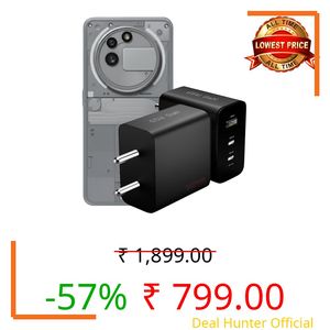 65W GaN Trio Fast Charger Adapter, 3-Port USB-C & USB-A Wall Charger for Nothing Phone CMF/1/2/2a/2a Plus/3a/3a Plus | Compatible with Samsung Galaxy S24/S25 Series & Tablets| Original Power Delivery