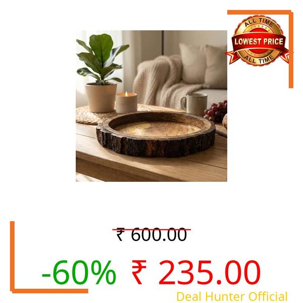 Rustic Wooden Buckle Tray for Serving – 10 inch Round Wood Bark Edge Platter for Snacks, Fruits, Tea & Coffee | Food‑Safe Decorative Centerpiece for Dining & Coffee Table, Indian Homes & Gifting