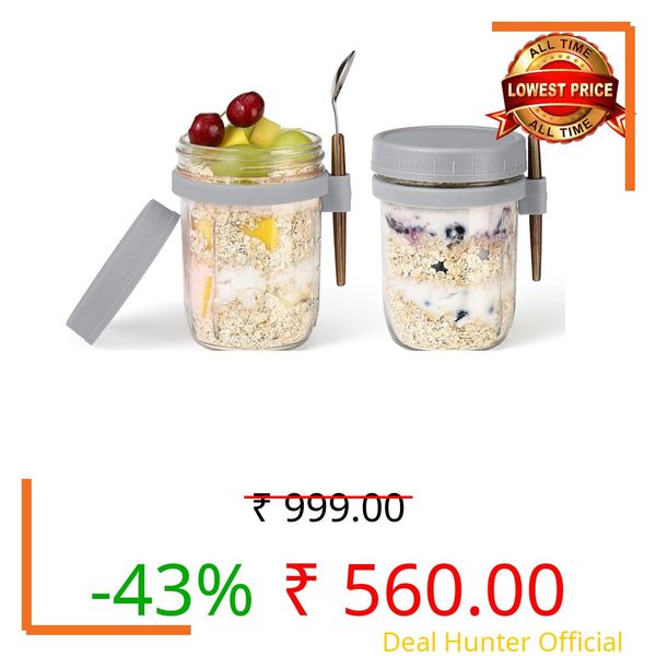 PATZY 350 ml Oats Container With Lids And Spoon set of pc Glass Mason Jars For Overnight Oats Leak Proof Container with Measurment For Cereal Fruit Vegetable Milk Salad Yogurt (Multicolor) (3)