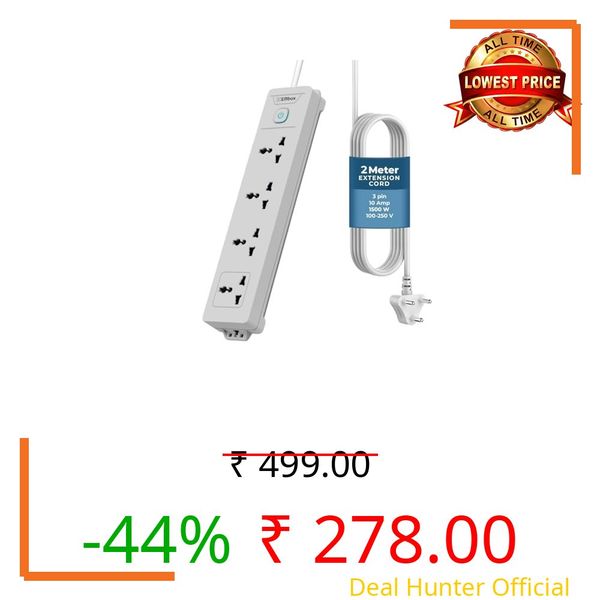 EMBOX 1500W Extension Board with Switches| 4 Universal Sockets Master Switch | Spike Guard, LED Indicator| 2 Meter Extension Cord