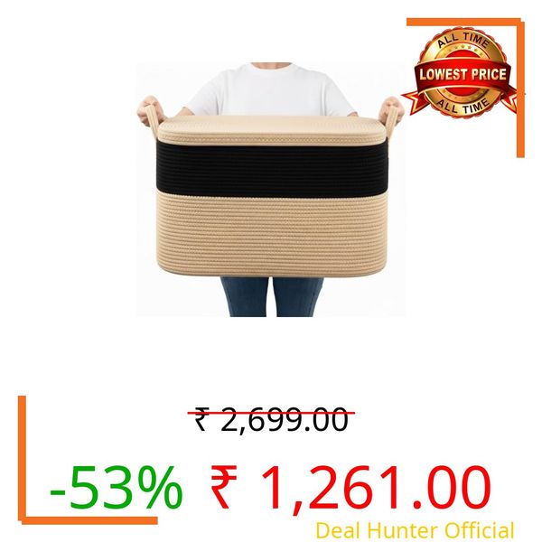 SPANCO HOME Large Rectangle Container Storage Basket with lid 20.6" x 15.7" x 12.1" (LXWXH) Blanket Storage for Living Room, Rope Organizer, Kids Toy Bins, Wicker (multi20)