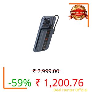 URBN One Premium Power Bank 5000mAh | 15W Fast Magnetic Wireless Charging | Built-in Detachable Type C Cable | Dual Port with Pass Through Charging (Midnight Blue)