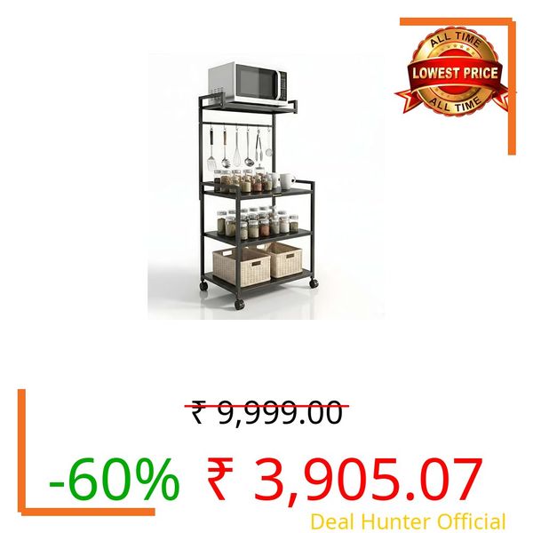 Basic Build 4 Tier Heavy Duty Microwave Stand with Wheels | Metal Kitchen Appliance Rack for Oven, OTG, Air Fryer | Storage Organizer Trolley (MS 4 Black)