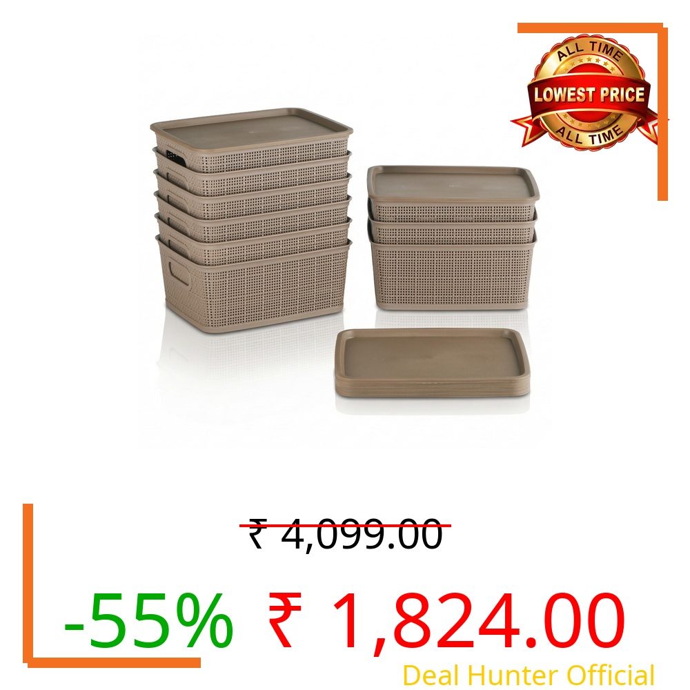 Kuber Industries 9 Pcs Plastic Medium Solitaire Storage Basket with Lid & Handle for Wardrobe | Rectangular Storage Box for Stationery & Toys | Vogue-3 | Brown