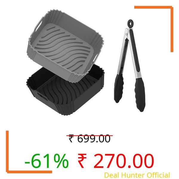 Square Silicone Air Fryer Liners (2 Pcs) with Tongs | Reusable Non-Stick Heat-Resistant Food-Grade Basket Inserts | Dishwasher Safe for Cooking, Baking, Fries, Chicken & Snacks | Black & Grey