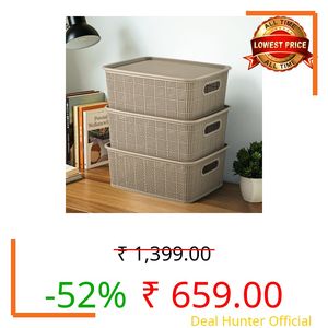 Kuber Industries 3 Pcs Plastic Medium Solitaire Storage Basket with Lid & Handle for Wardrobe | Rectangular Storage Box for Stationery & Toys | Vogue-3 | Brown