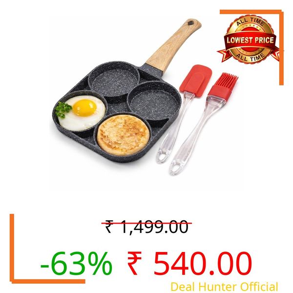 HNGVH 4 Hole Non Stick Egg Frying Pan with Spatula and Oil Brush | Appam Appe Pan with Detachable Wooden Handle | Omelette, Pancake, Burger, Poached Egg Breakfast Pan | Gas Stove Compatible (Black)