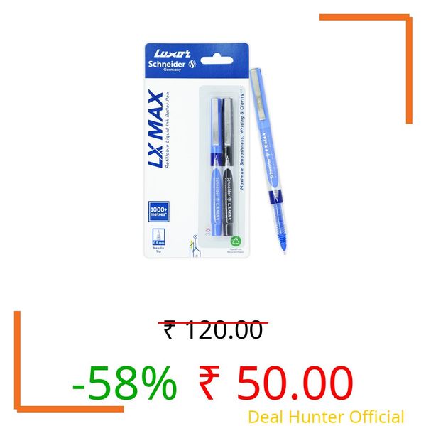 Luxor Schneider LX Max Roller Ball Pen - 0.5mm Fine Tip | Smooth & Smudge-Free Writing | Pack of 1 Blue & 1 Black Pens