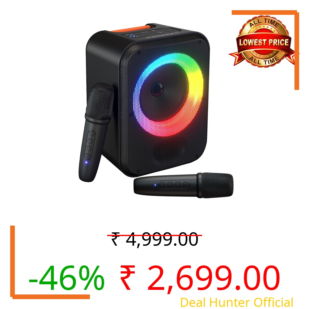 Portronics 30W Dash Wireless Bluetooth Portable Speaker with Dual Wireless Karaoke Mic, Echo Control, 5 Hour Playtime, RGB LED Light, Bluetooth V5.4, Easy Grab Handle, USB in, Type C Charging(Black)
