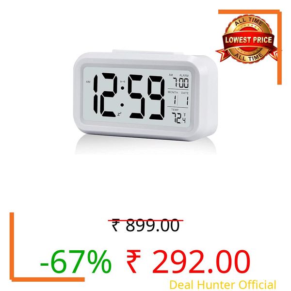 SUEFOR Digital Alarm Clock with Automatic Sensor, Date and Temperature Display, Compact Desk Table Clock for Students, Home, Office, Bedroom, Living Room,Home Decor, Corporate Use (White)