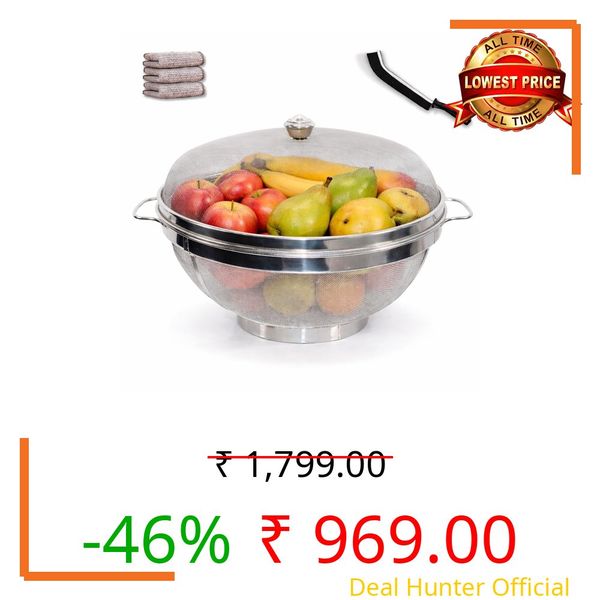 VINART Stainless Steel Fruit Basket with Lid | Fruit & Vegetable Storage Basket for Kitchen & Dining Table (Medium) 11inch