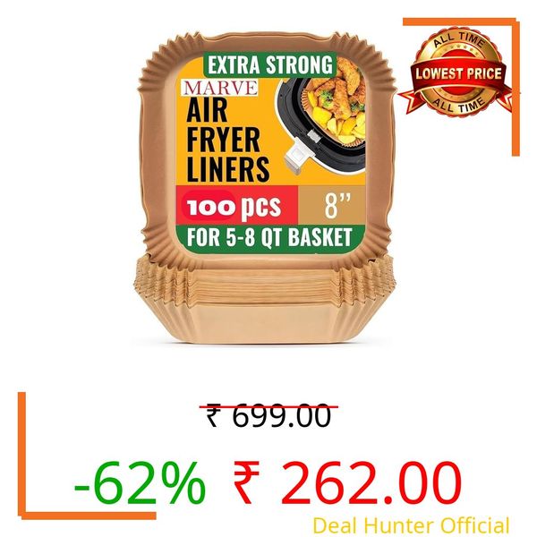 Marve Square Air Fryer Liners Food-Grade BPA Free Paper for 5 to 8 litres Oil-Free Fryers - Healthy Cooking I Heat Resistance Air Fryer, Baking, Roasting Microwave (100 Pcs Air Paper Fryer)